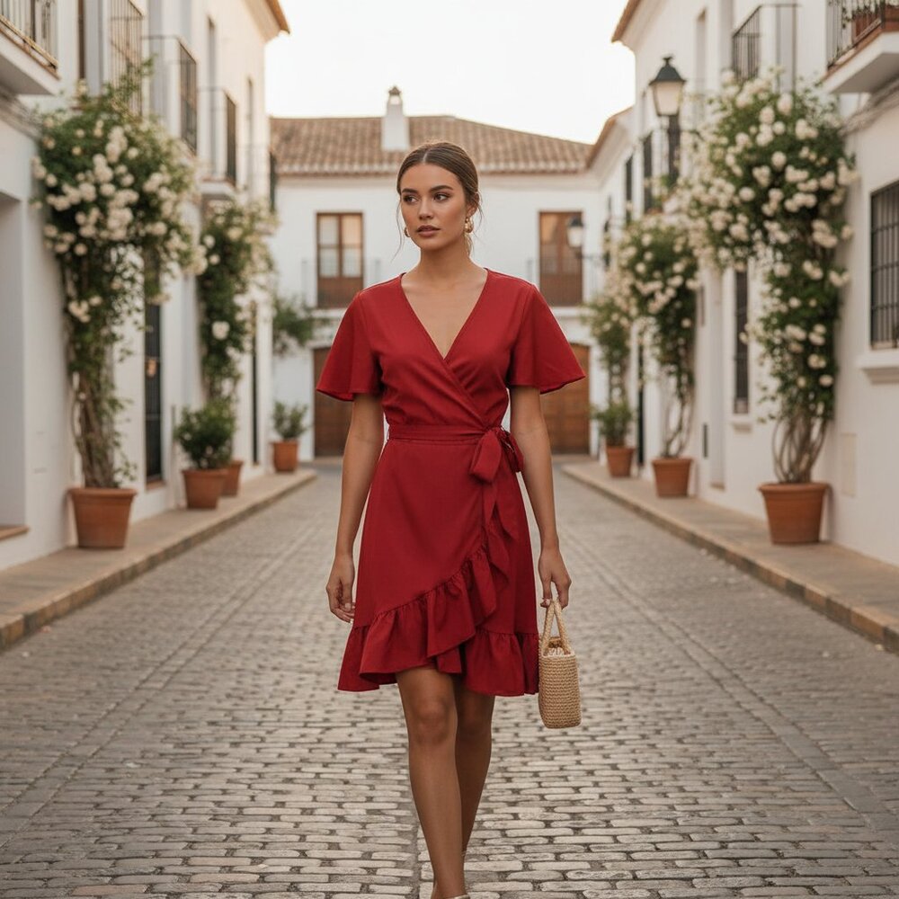 Summer Wrap Tie V Neck Ruffle Short Sleeve Midi Dress